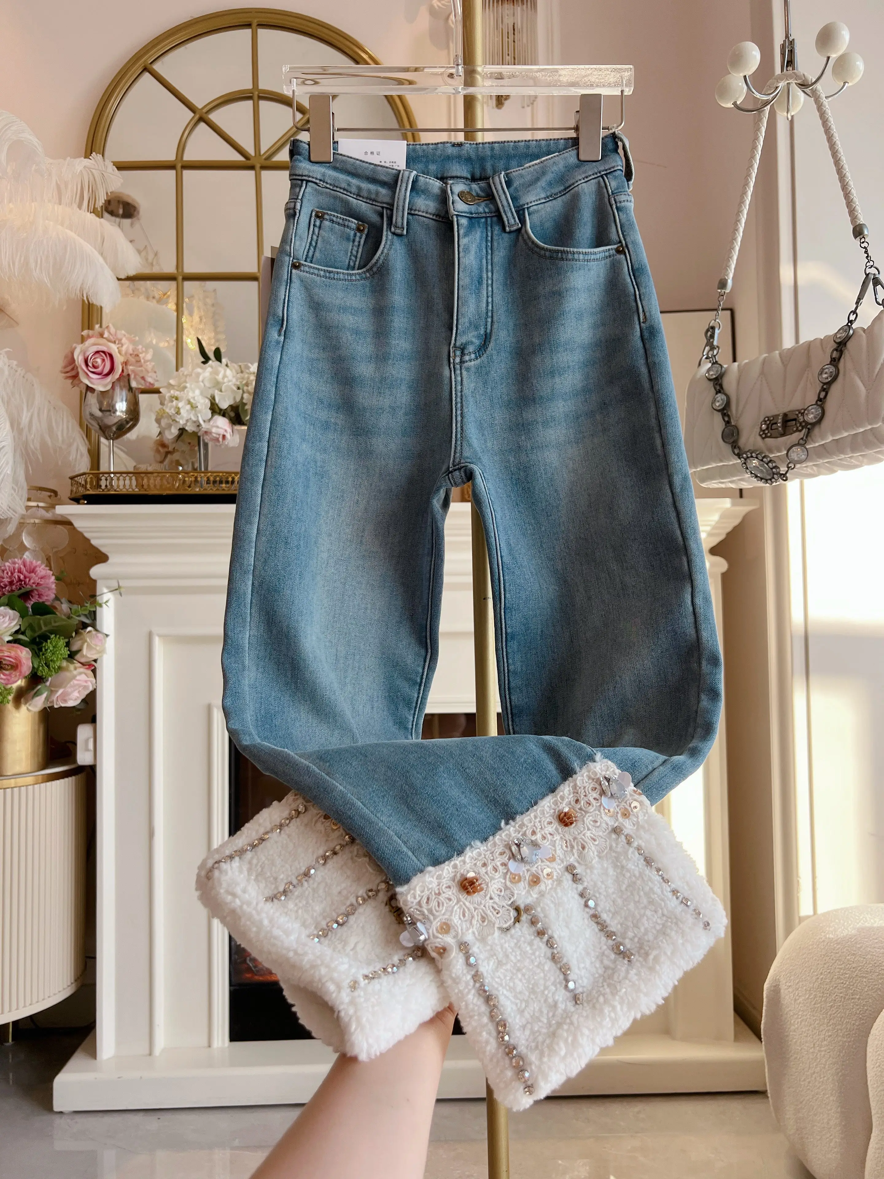 موضة حجر الراين مستقيم الساق الدنيم السراويل النساء 2025 شتاء جديد مبطنة بالصوف سميكة الجينز الذكور وسيم شيك سراويل جينز #3