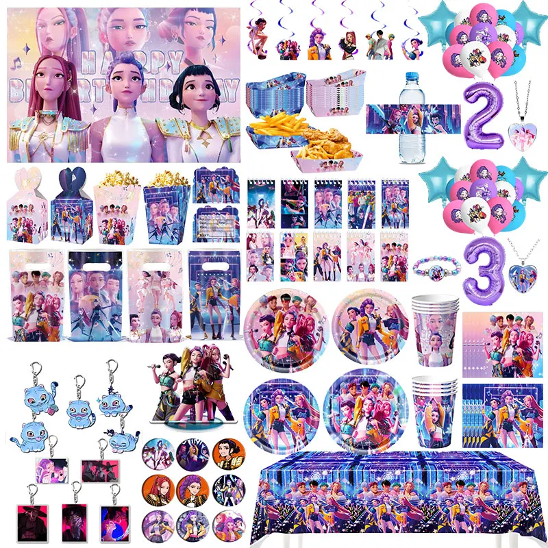 Nowe dekoracje Kpop Demon Hunter na urodziny, artykuły urodzinowe Kpop, balony, talerze, kubki, serwetki, torby na prezenty, tło, upominki na przyjęcie.