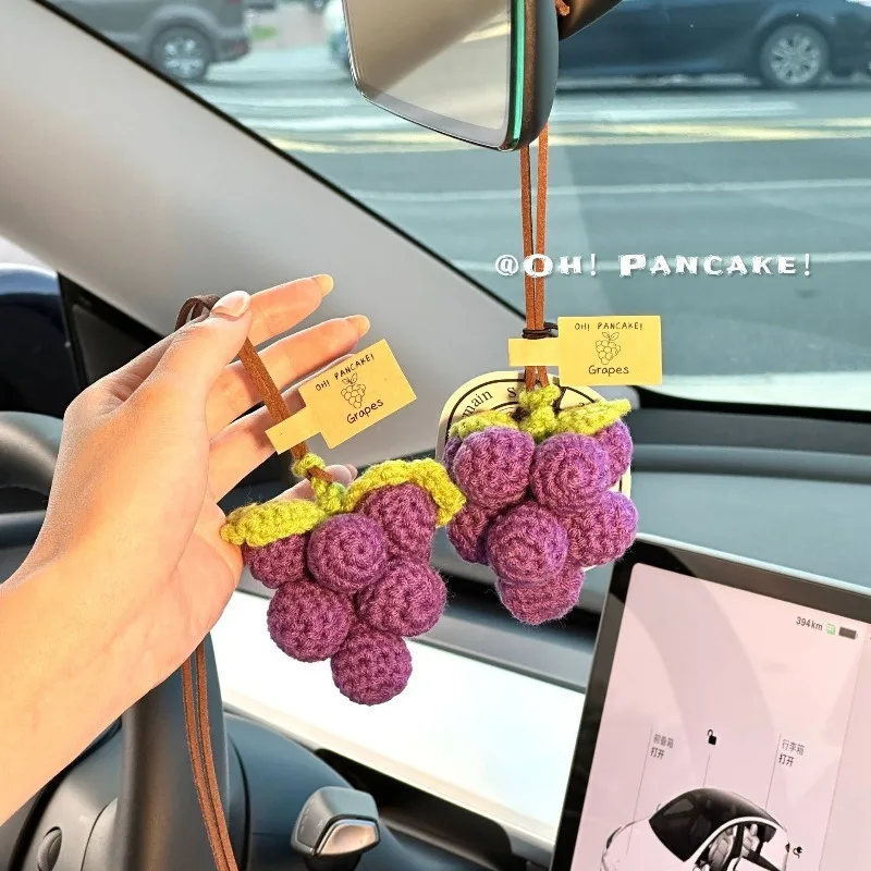

Cute Handmade Crochet A Bunch of Grape Car Hanging Decoration for Rearview Mirror Cute Keychain Pendant Knitted Creative Gift