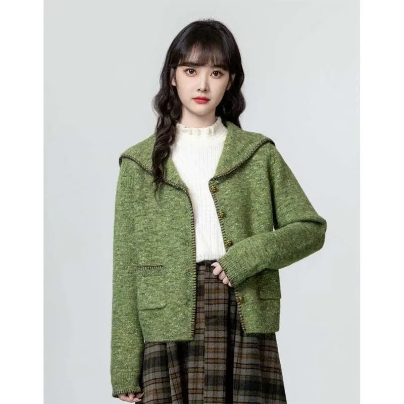 

Women's Clothing Vintage Green Sweaters Autumn/Winter Long Sleeve Temperament Knit Cardigan Lady Turn-down Collar Top Chic Coat