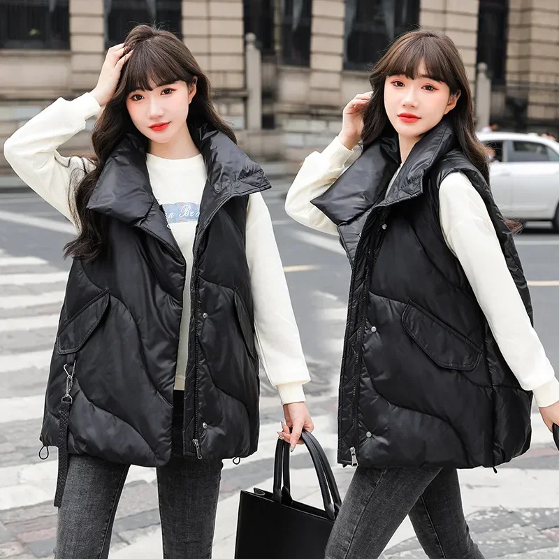 

Autumn Winter Women's Stand Collar Warm Cotton Vest Solid Rhombic Sleeveless Big Pocket Coat Ladies Zipper Loose Jacket