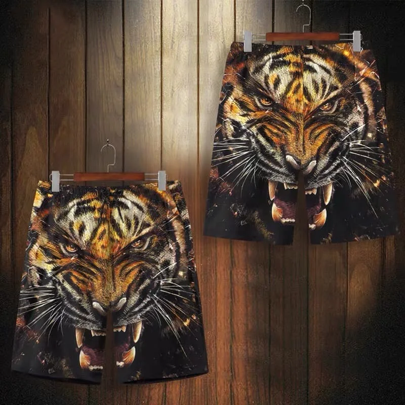 

Men's 3D Roaring Tiger Print Beach Shorts Cool Animal Graphic Casual Quick-drying Board Shorts Summer Streetwear for Wild Boy