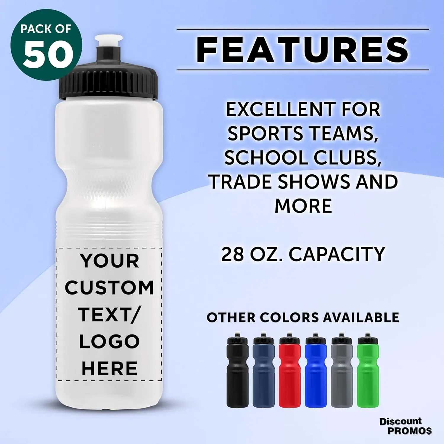 PROMOS 28 oz. Custom Push Cap Plastic Water Bottles Set of 50, Personalized Bulk Pack - Perfect for Gym, Hiking, Camping, Outdoo