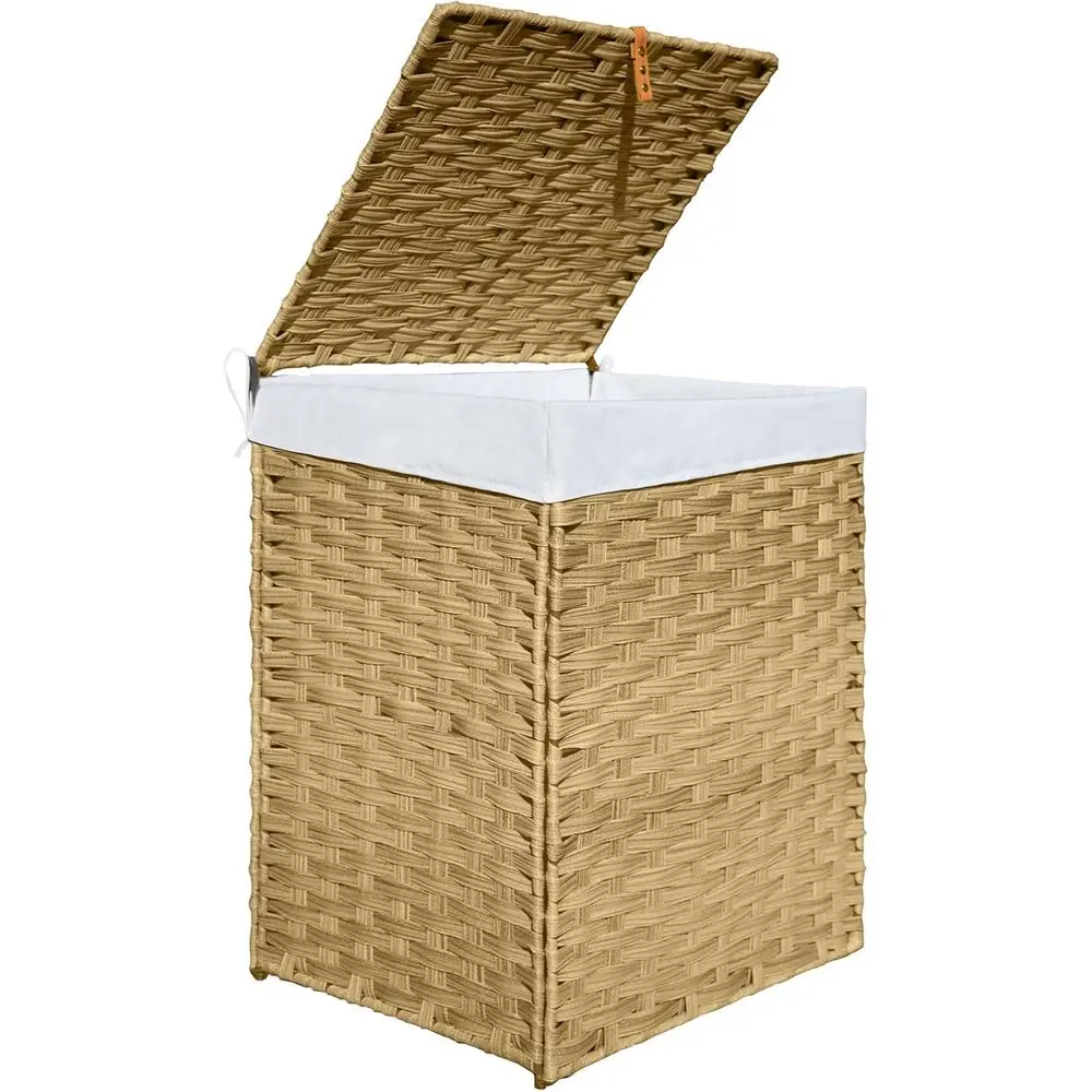 

Double-Sectioned Wicker Laundry Basket with Lid and Removable Liner, 130L Capacity, Yellow