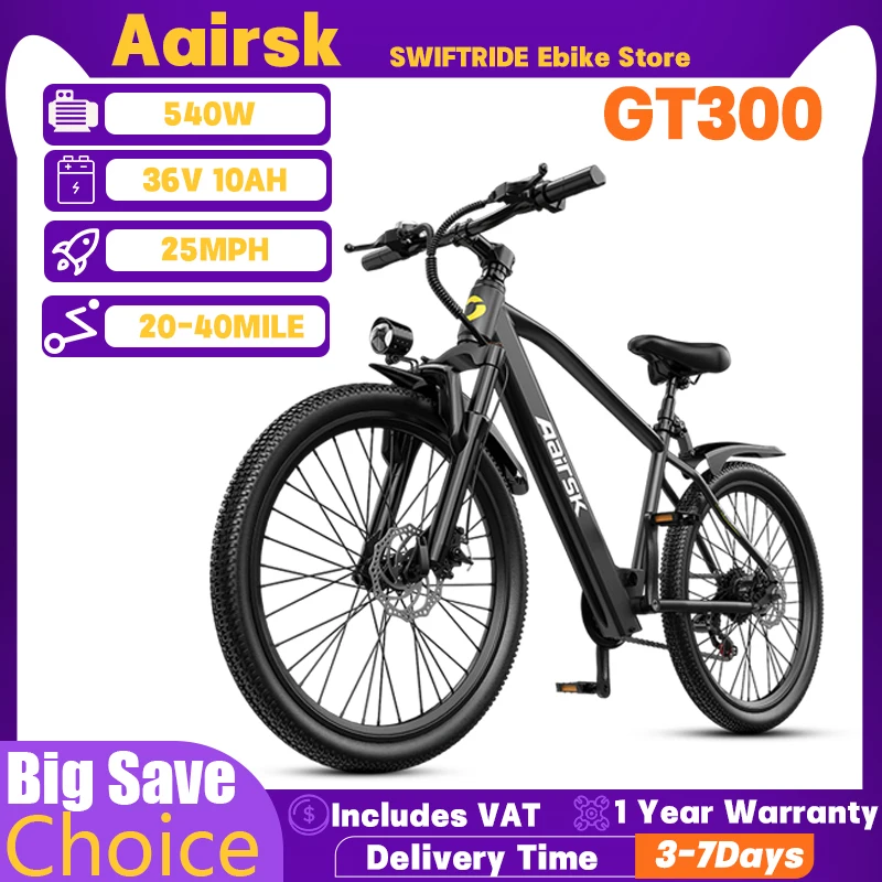 

Adult Mountain Off-Road Ebike Aairsk GT300 540W 36V 10Ah City Commuting Electric Bicycle 26*1.95 Inch Tire Travel Electric Bike