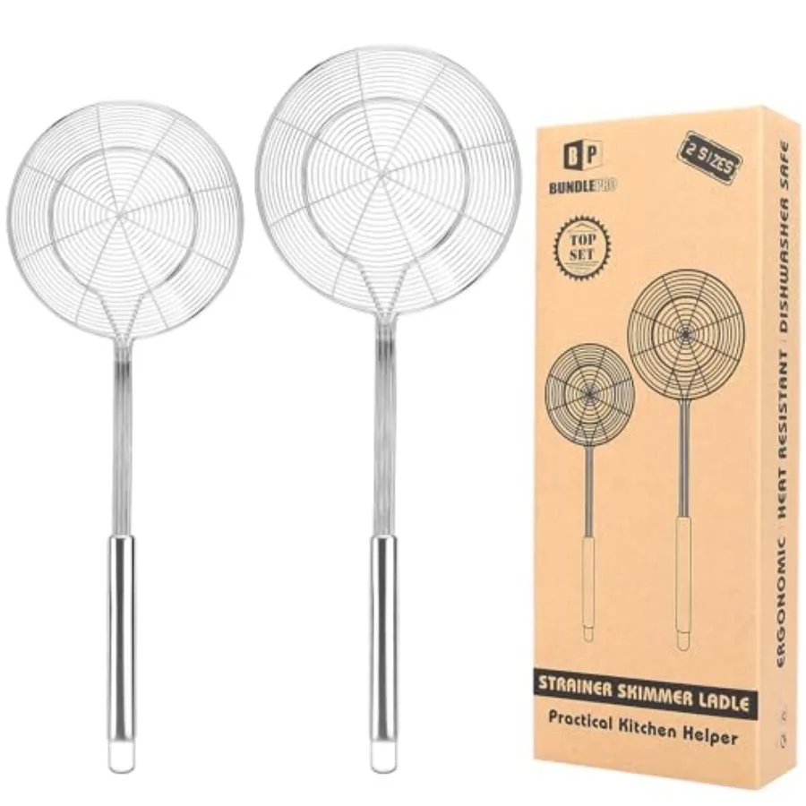 

Pack of 2 Large Stainless Steel Spider Strainer Skimmer Baskets with Long Handle for Efficient Cooking: Ideal for Frying Boilin