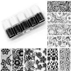 10 Rolls 2.5*50cm New Black White Lace Transfer Foil Nail Art Sexy Full Wraps Flower Glue Adhesive DIY Manicure Styling Tools