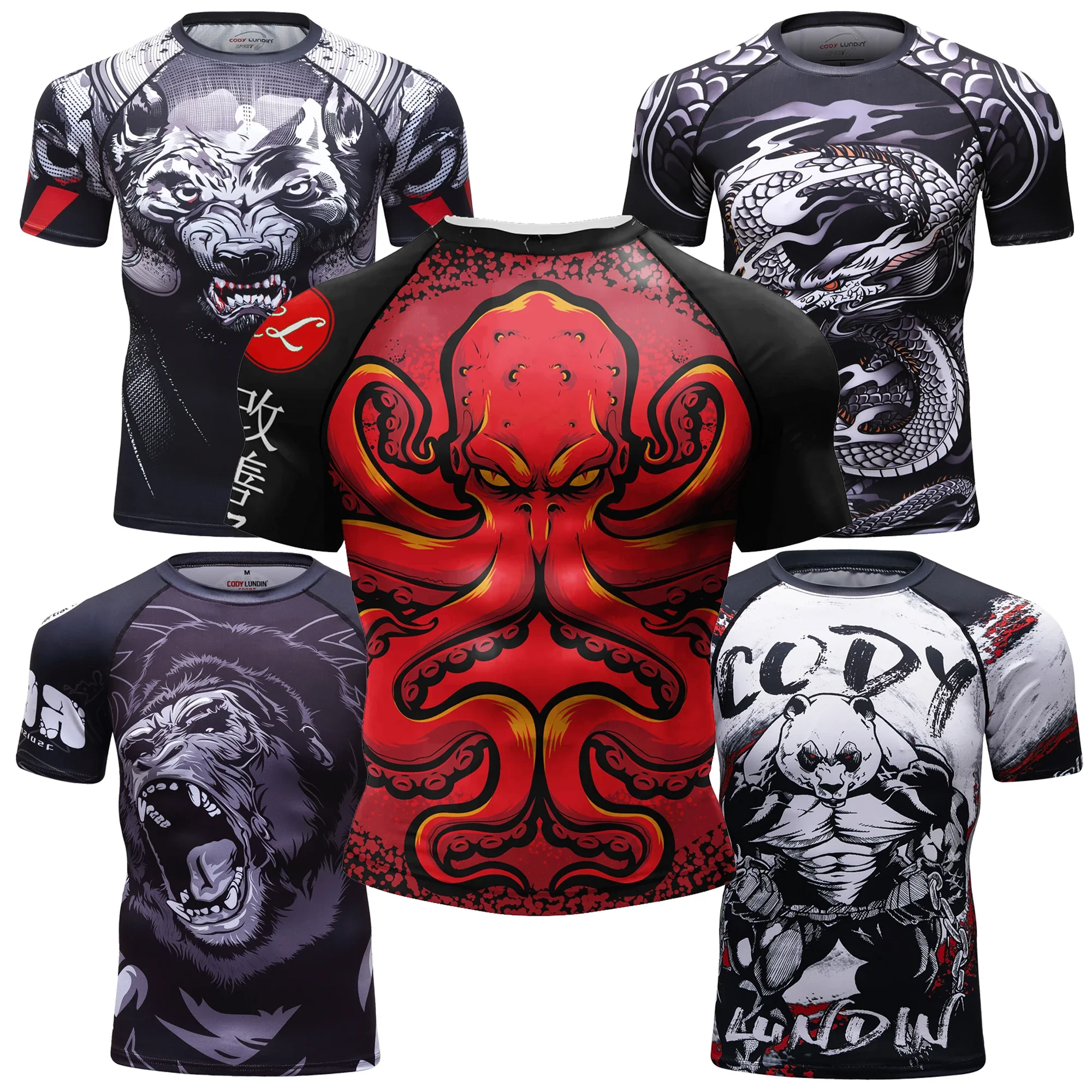 Ukiyo-e style dragon print compressed T-shirt, MMA Brazilian Jiu-Jitsu training protective vest, 3D printed quick-dry T-shirt