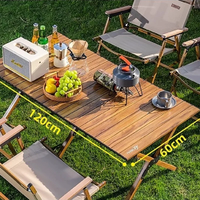 GIANXI Folding Table Camping Strong Bearing 2-6People Wood Grain Design Table Outdoor Portable Barbecue Carbon Steel Table Set