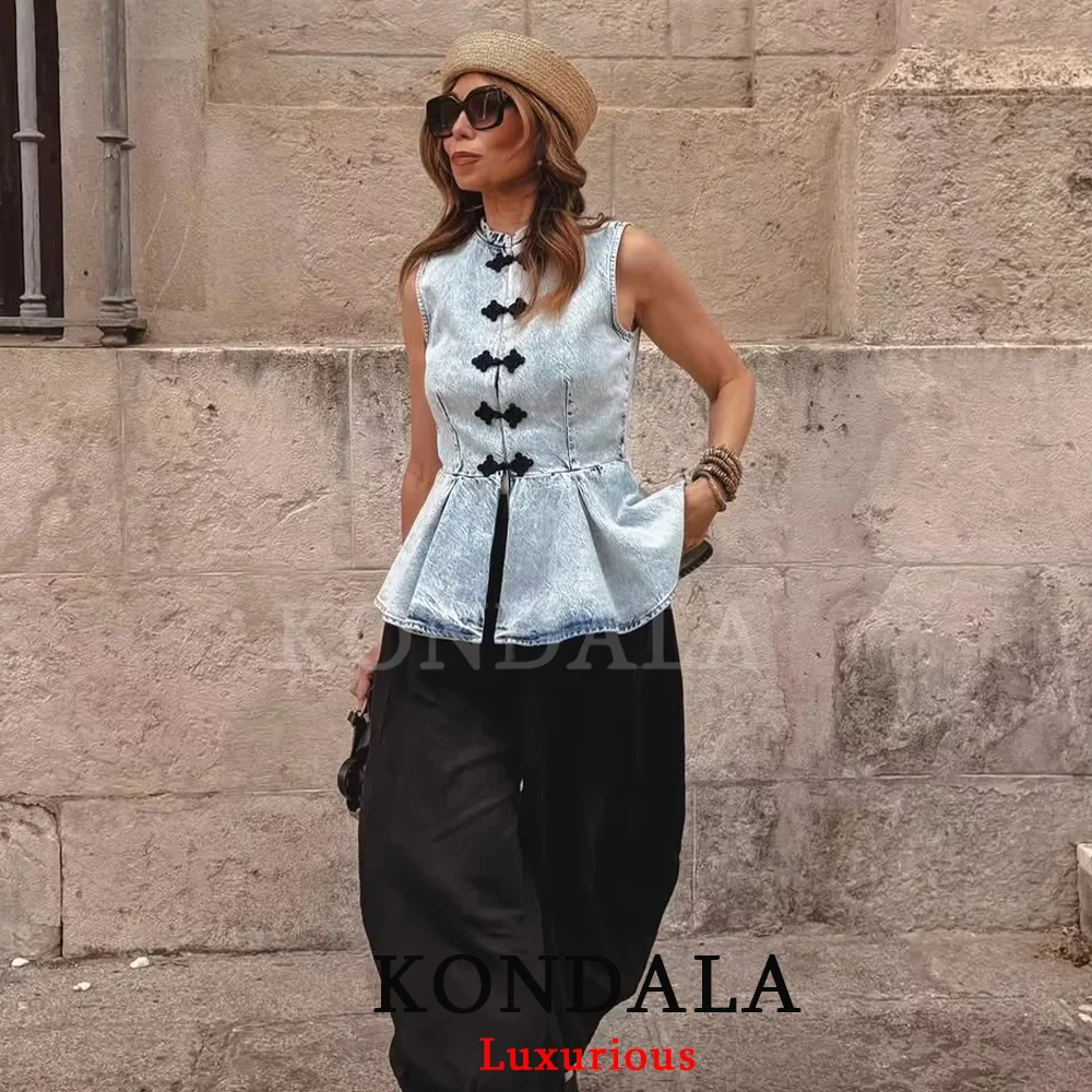 KONDALA Streetwear Chic Débardeur en jean pour femme, à nœud et boutons, sans manches, col rond, Nouvelle mode 2026, pour l'été, les vacances et les fêtes