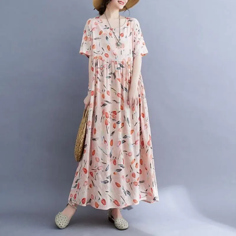 Fashion Folk Broken Flowers Dresses Summer New Loose A-Line Waist Women's Clothing Short Sleeve Vintage Casual O-Neck Long Dress