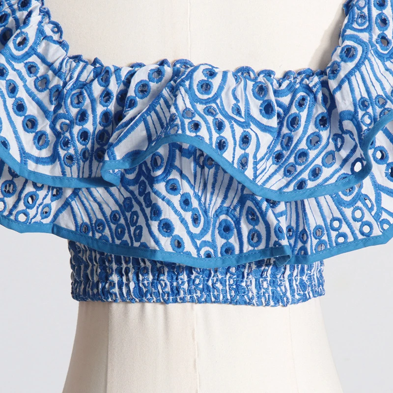 Conjunto de dos piezas de falda calada para mujer, Tops cortos de manga corta con hombros descubiertos, conjuntos de falda con cintura elástica de verano