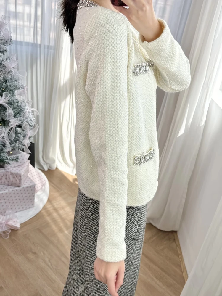 Women's Sweater Knit Cardigan, Rhinestone Decoration, O-Neck, High Street, Elegant Style, Chic, Fashionable, Design, Trendy, New