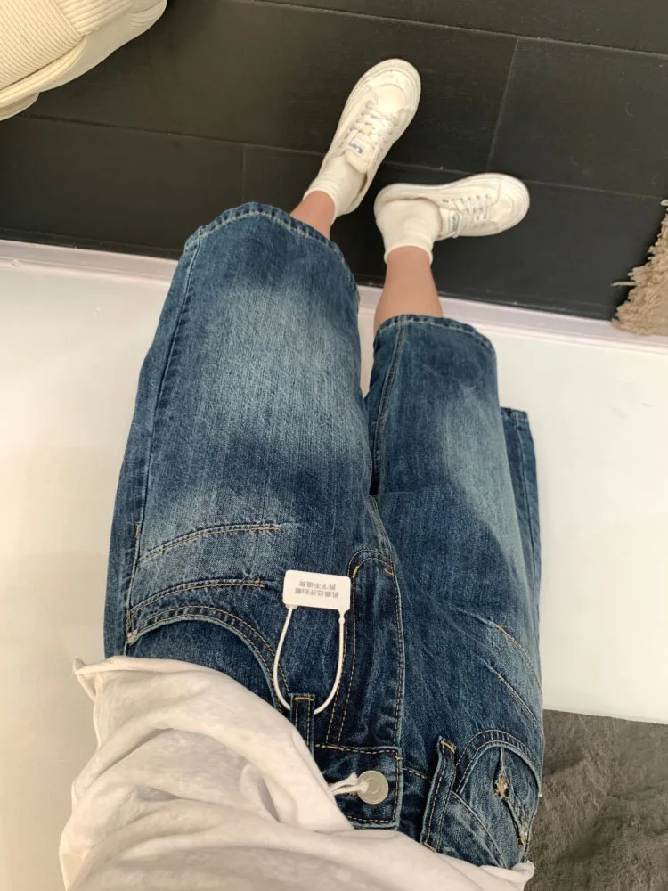 

Retro American Craed Seven-Five High Waist Wide Leg Straight Cut Denim Jeans Women Summer Eight-Piece orts Casual Sle