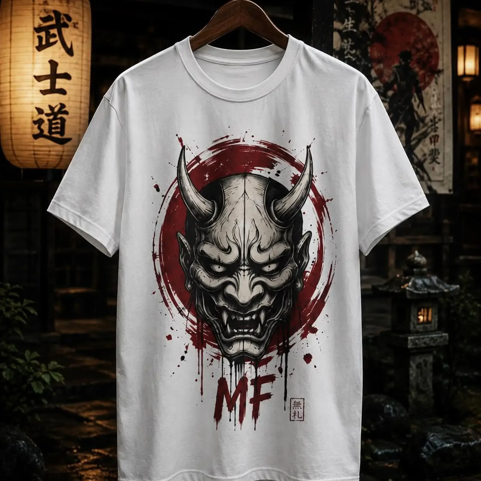 Japanisches Oni-Masken-T-Shirt im Dämonen-Streetwear-Stil, Vintage-Look, gewaschen, bequem, leicht vielseitig, dehnbares Oberteil für den täglichen Gebrauch.