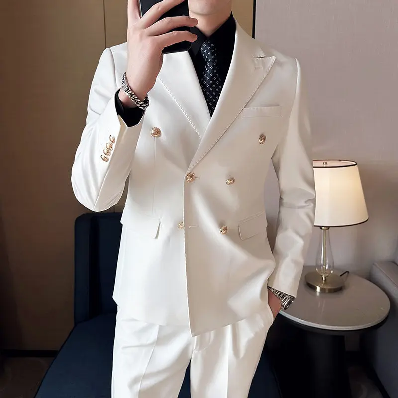 (Jackets+Pant) Latest Design Golden Button Double Breasted Men Suit Groom Wedding Stage Tuxedo Man Slim Fit Business Social Suit