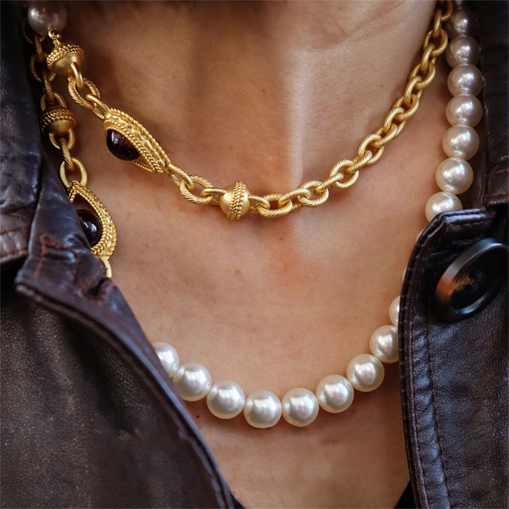 Temperament Vintage Glass Pearl with rhinestone necklace earrings for women's girl  gift ear nail medieval jewelry