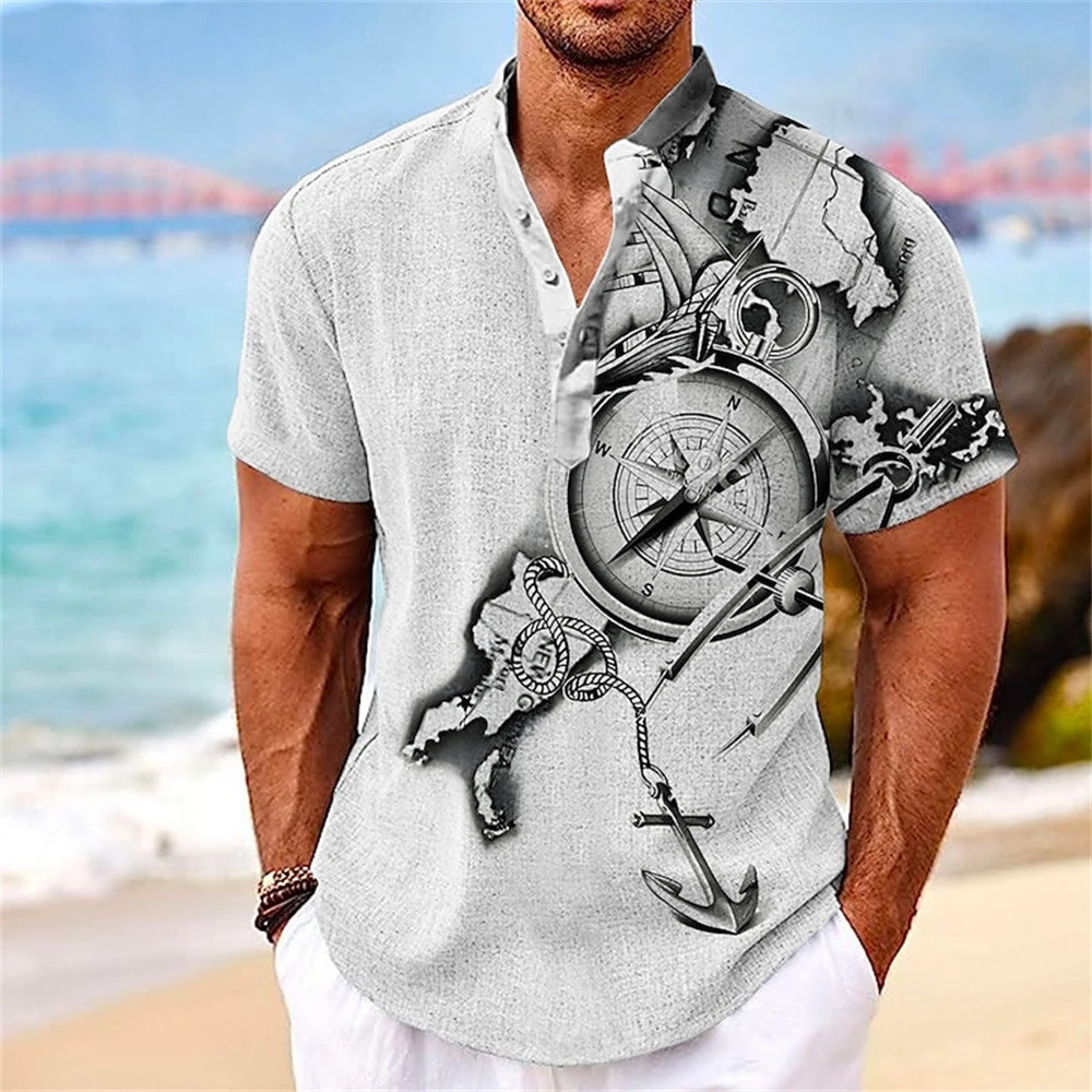 Summer Men Henley Shirt Short Sleeve Tops 3d Great Voyage Graphic Clothe Fashion Designer Apparel Streetwear Mens Hawaiian Shirt