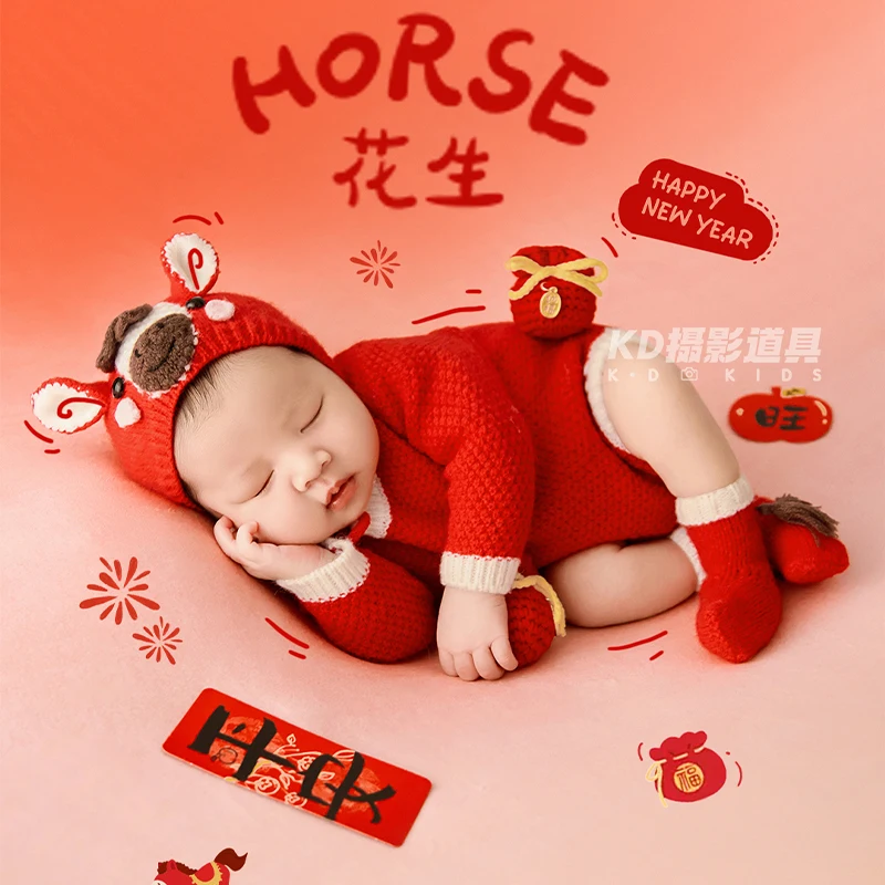 Perlengkapan Fotografi Bayi Tema Kuda Poni Lucu, Jumpsuit Bayi Bentuk Kuda dengan Topi Senada 2026, Boneka Kuda Plush Lembut untuk Pemotretan