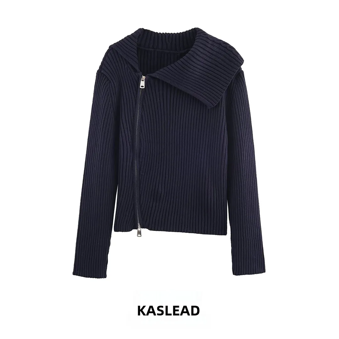 

KASLEAD New Women's Faion Zipper Ribbed Knitted Jaet Polyester Fiber Striped Open Cardigan Sle Autumn Seasonal