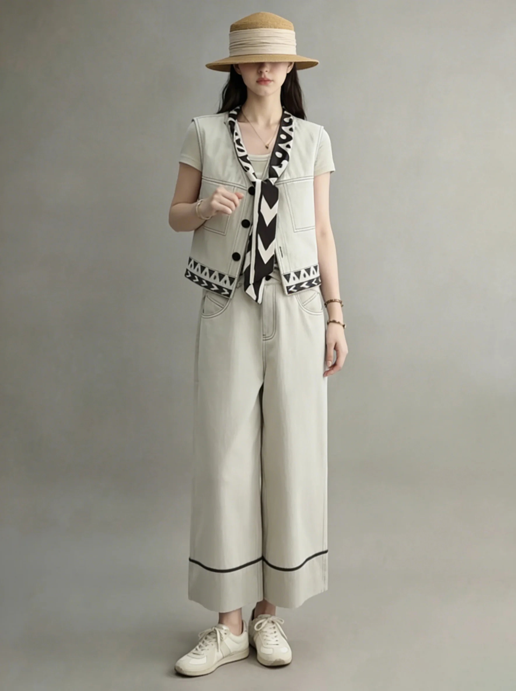 

Unique Ribbon Vest High Waist Nine Points Pants Women's Fashion Set Casual Style Spring Collection Elegant And Stylish Ensemble