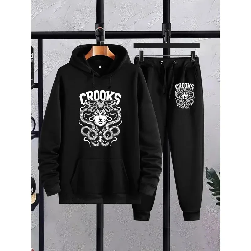 

Мужской модный костюм-толстовка с капюшоном и принтом Medusa — черно-белый графический дизайн, повседневная толстовка с длинными рукавами и завязками