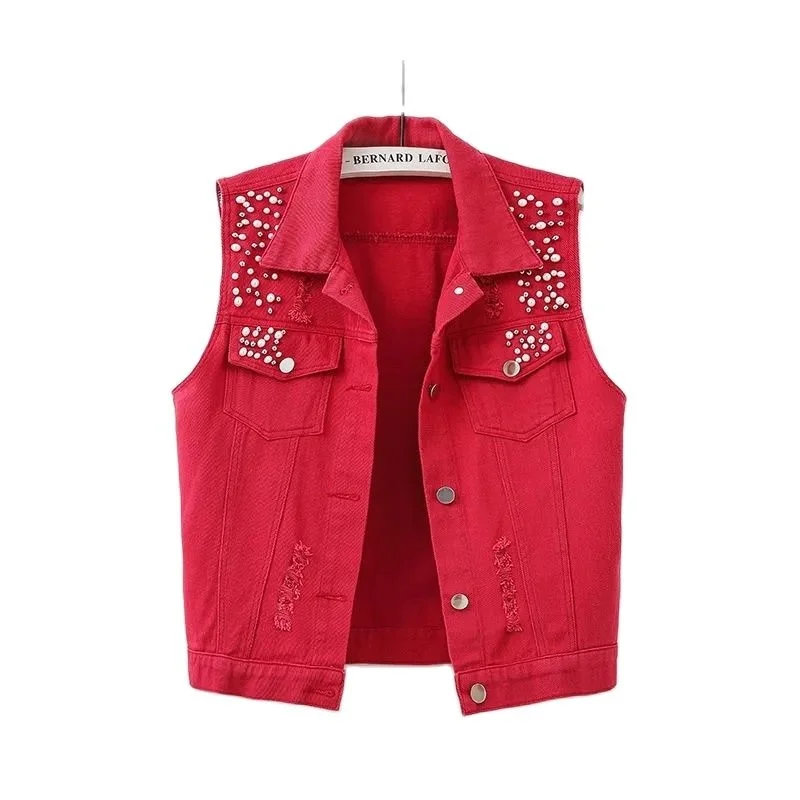 2023 Black Red Yellow Blue White Denim Vest Tops Women Spring Summer Washed Ripped Beaded Sleeveless Jacket Lady Jeans Waistcoat