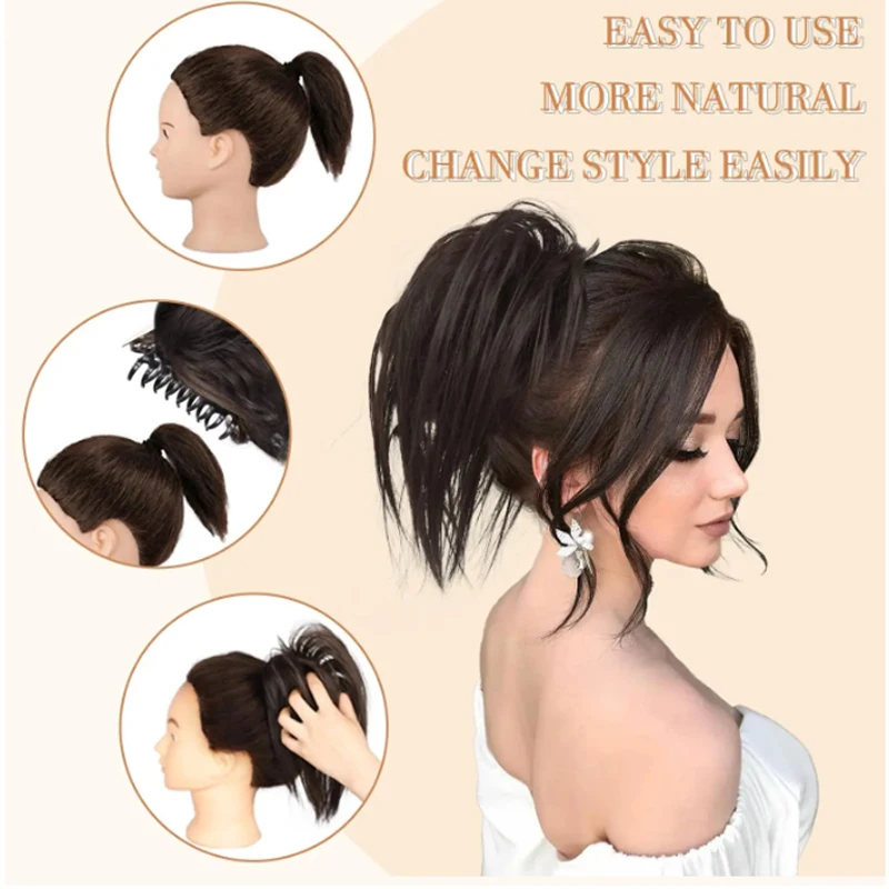 Postizo de cabello sintético con pinza de garra moño para mujeres liso corto extensión de cola alta despeinado para chicas 6