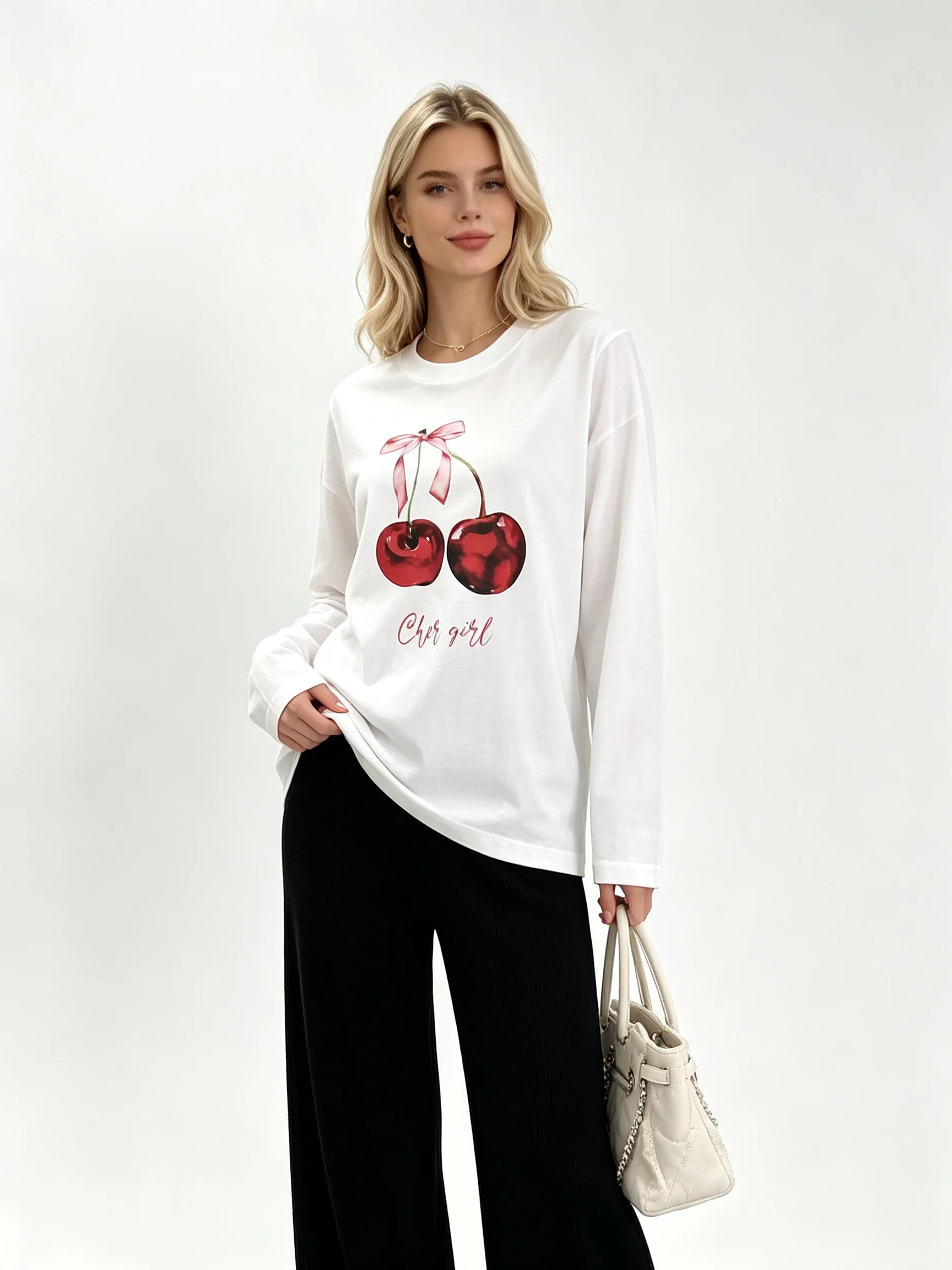 Sumuyoo Women's Round Neck Long Sleeved T-shirt with Cute Cherry Bow Print Casual Basic T-shirt Suitable for Daily Street Wear