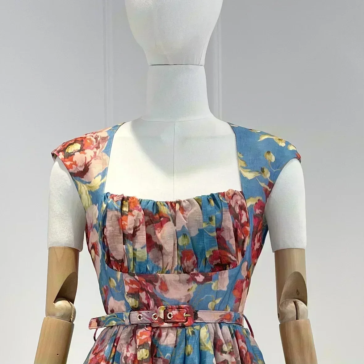 Vintage Top Quality Linen Silk Red Floral Printing Blue Square Collar High Waist Mini Tank Dresses Women