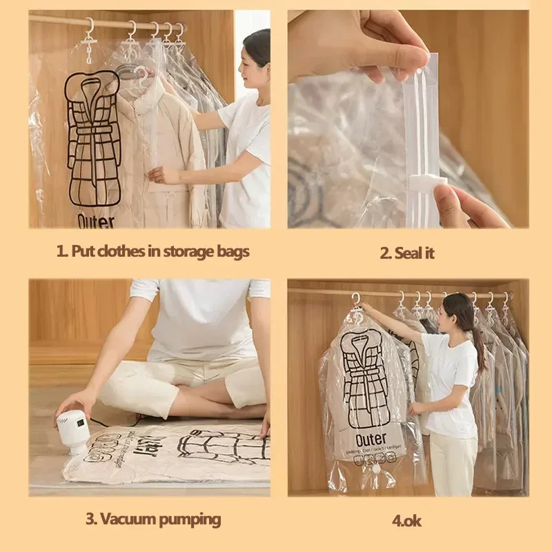 Vacuum Hanging Storage Bags Space Saving Clothes Compression Covers Reusable Closet Bag For Down