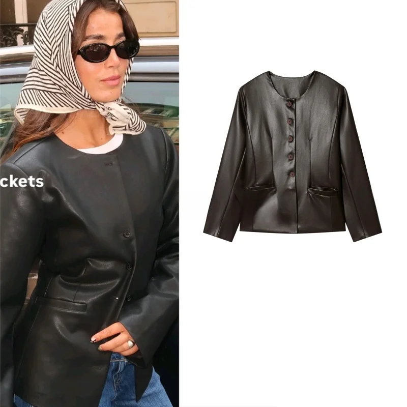 

Winter New Women's Casual Long Sve round Ne PU Leather Simulation Outerwear Decorative Patch ket Single Row Multiple ...