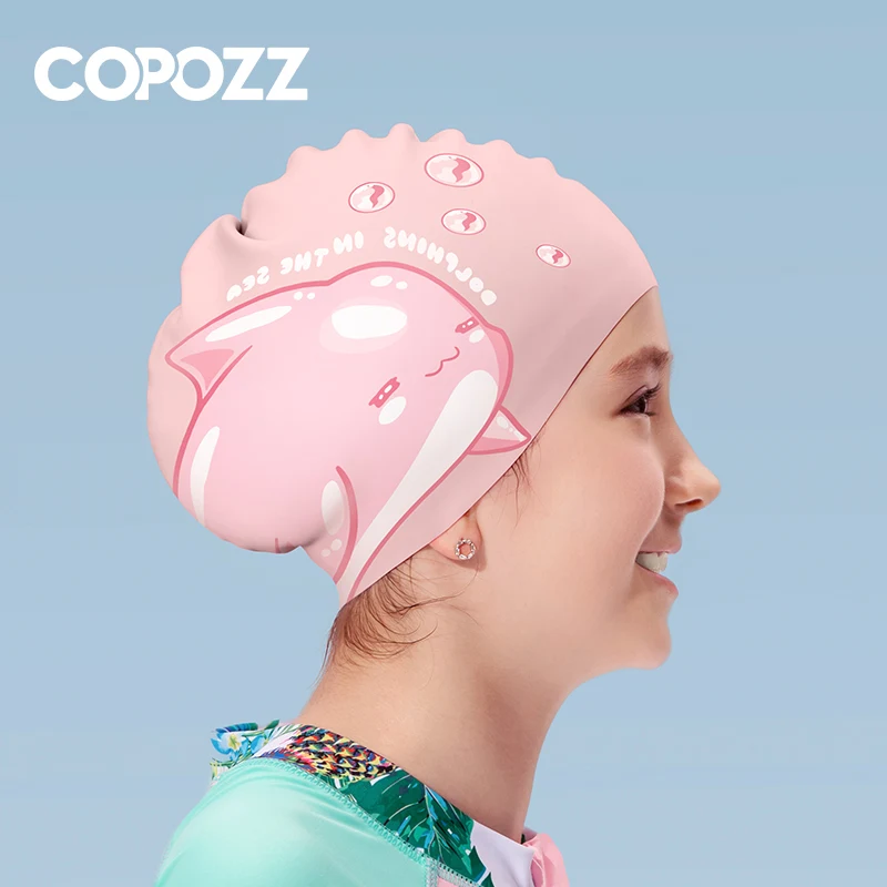 COPOZZ Swimming Cap For Children Kids Waterproof Elastic Silicone Swim Pool Cap Ear Protection Cartoon Swim Hat For Boys Girl