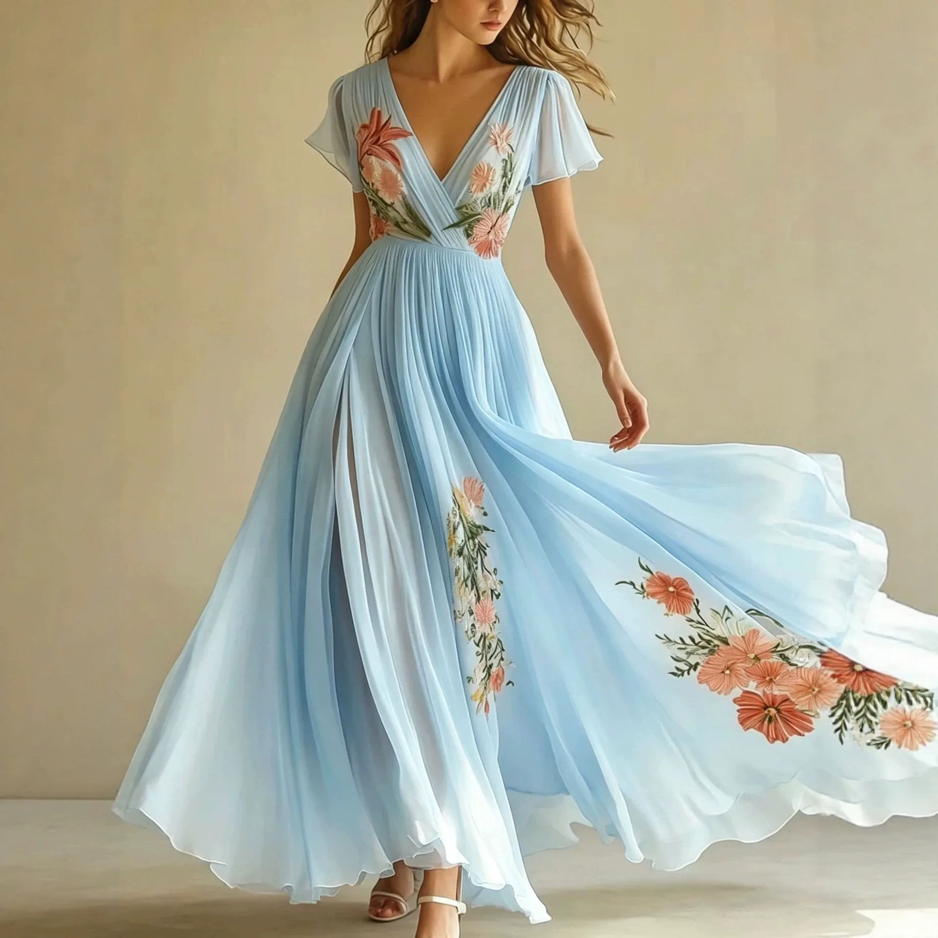 V-neck, short-sleeved, flower positioning print, dress or long skirt