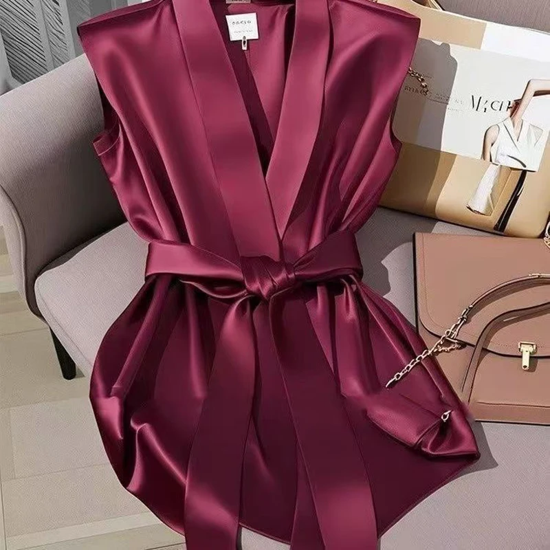 2025 Summer Shirt acetic acid sleeveless shirt satin high-end temperament top French ladies tank top view 4