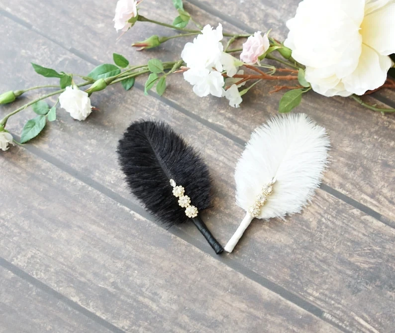 PEORCHID Brooches Feather Groom Boutonnieres Wedding Flowers Pocket Buttonhole Pin Groomsmen Corsage Party Accessories For Guest