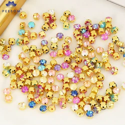 PEESOM 5/6mm 100 stks Mokka Kleur Serie Naai Ronde Strass Gouden Instellingen Plaksteen Glas Strass voor Naaien Accessoires