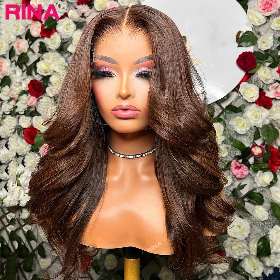 Peluca con malla Frontal marrón Chocolate, peluca Frontal de encaje transparente 13x4, gran venta, pelucas de cabello humano ondulado de cuerpo de 100% de colores prearrancadas