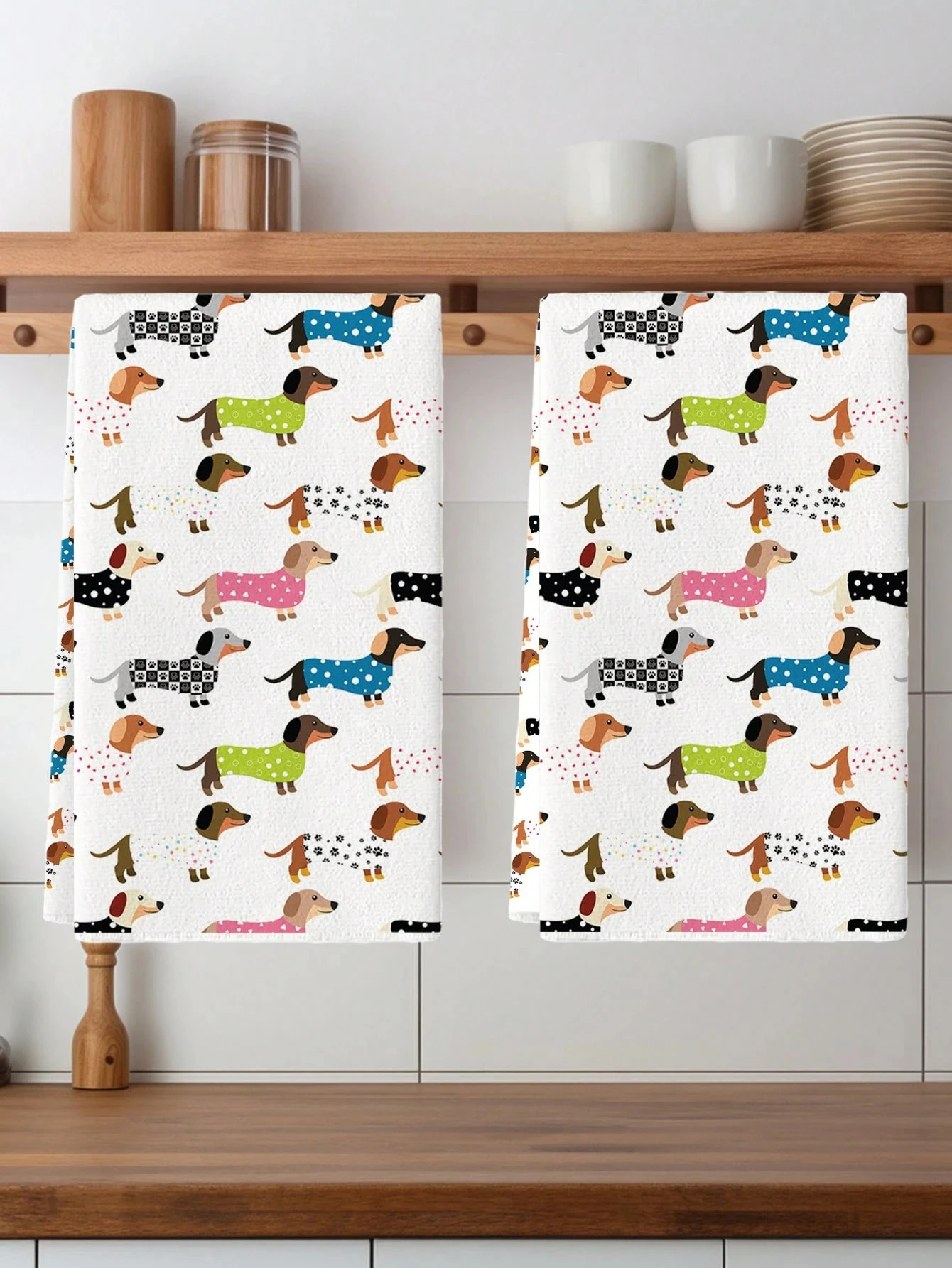 2PC Dachshund Kitchen Towels | Rustic Wiener Dog Print | Dish/Hand/Tea Towels | Cleaning & Decor Gift for Kitchen Dining