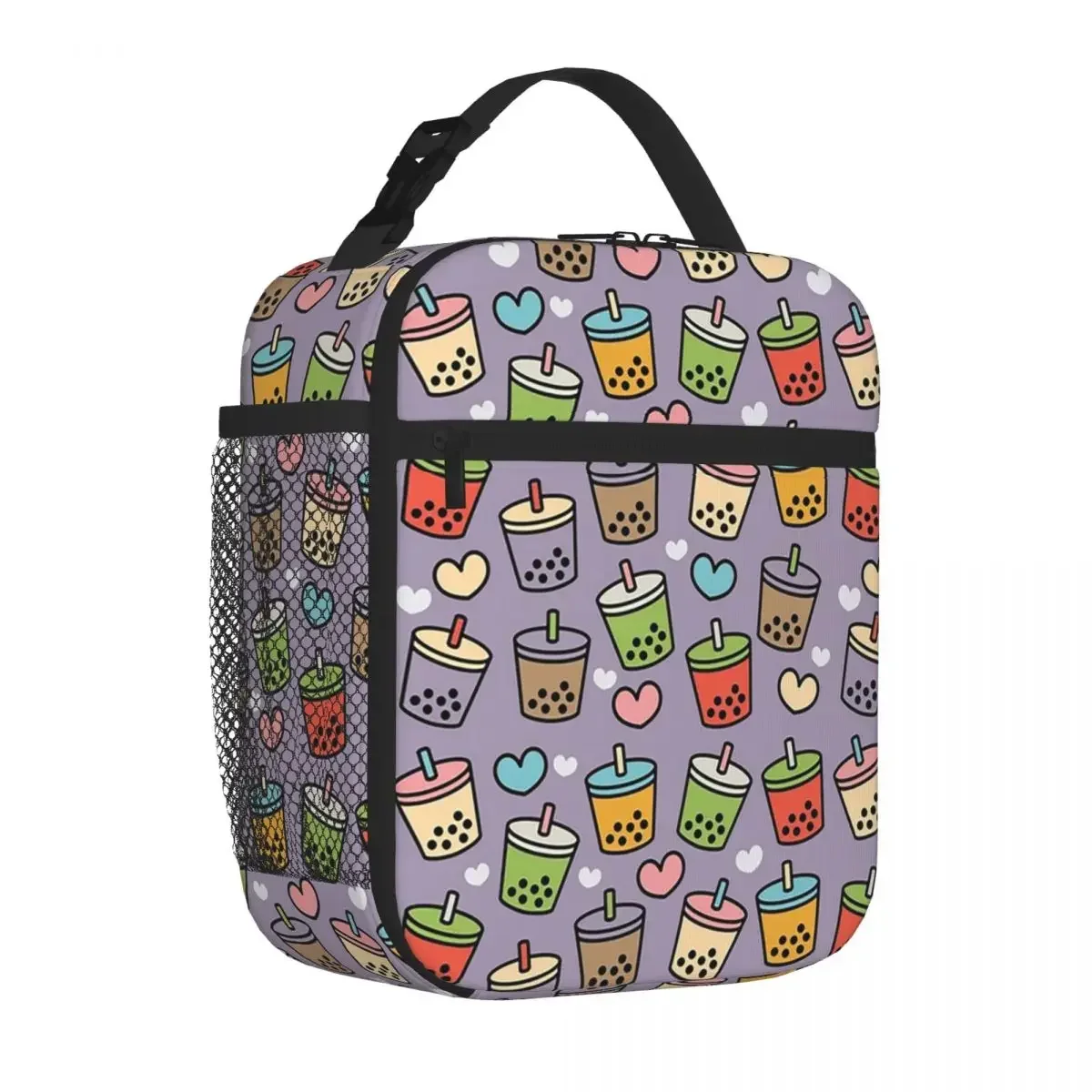 Cute Bubble Tea Flavors And Hearts Pattern Lunch Bags Insulated Lunch Tote Waterproof Thermal Bag for Woman Work Kids School