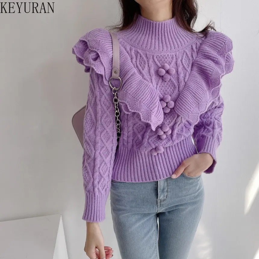 Chic Ruffles Floral Knitted Sweater Women Korean Fashion Vintage Lantern Sleeve Knitwear Pullovers Turtleneck Sweaters Jumpers