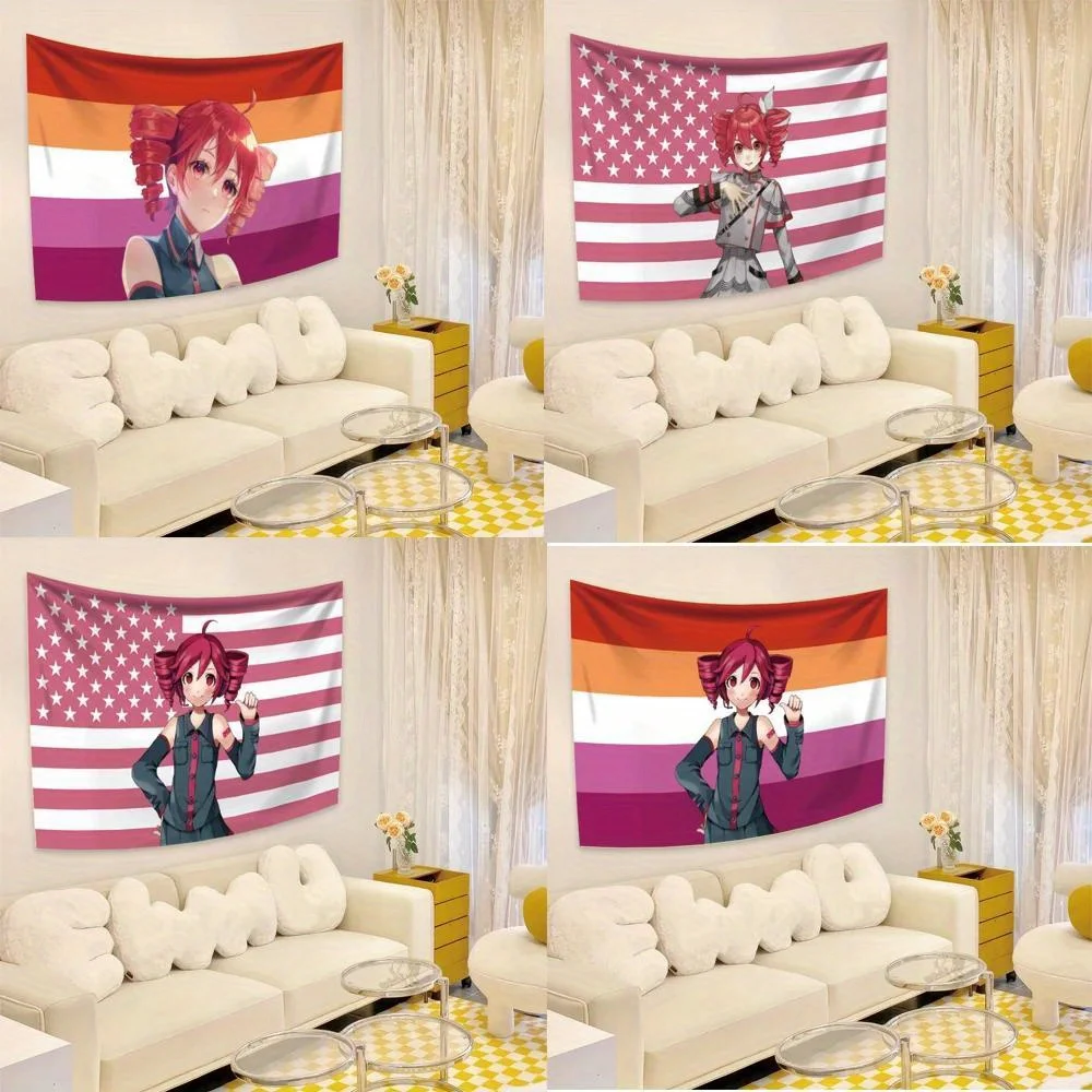 Kasane Teto Rosa Amerikanische Flagge Anime Wandbehang Wandteppich Pfirsichlicht Lebendiger Digitaldruck Horizontales Design für Dekor