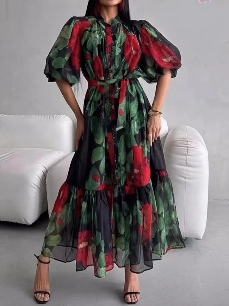 

Fashion bubble sleeve long A-shirt skirt Spring/Summer 2025 new single-breasted printed lace-up waist swing dress for women.
