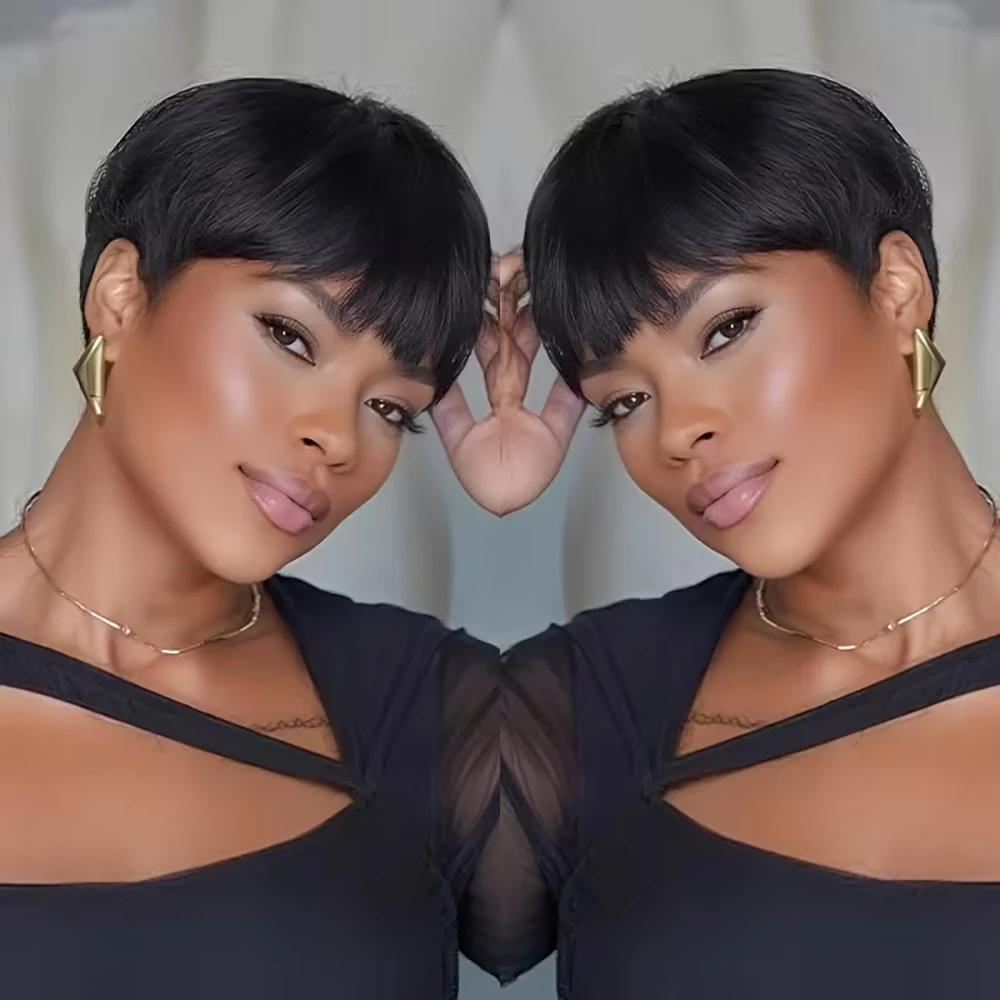 Короткие прямые парики из натуральных волос Парик с стрижкой пикси с предварительно выщипанной челкой Бразильские волосы для женщин Полный машинный парик с прямой кепкой