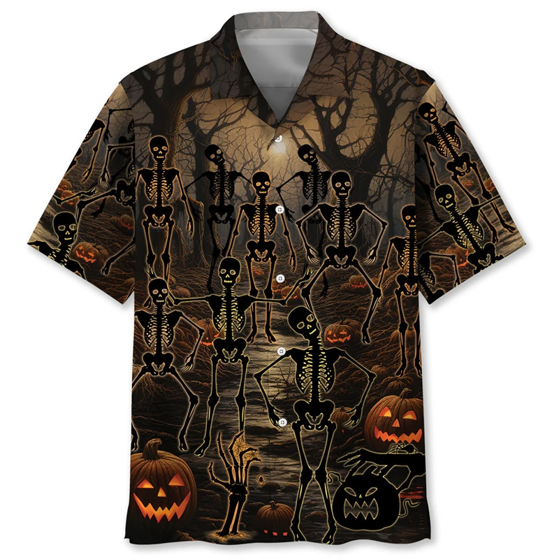 

3D Printed Halloween Graphic Hawaiian Shirt For Men Pumpkin Head Skull Blouse Casual Short Sleeve Lapel Tops Loose Aloha Shirts