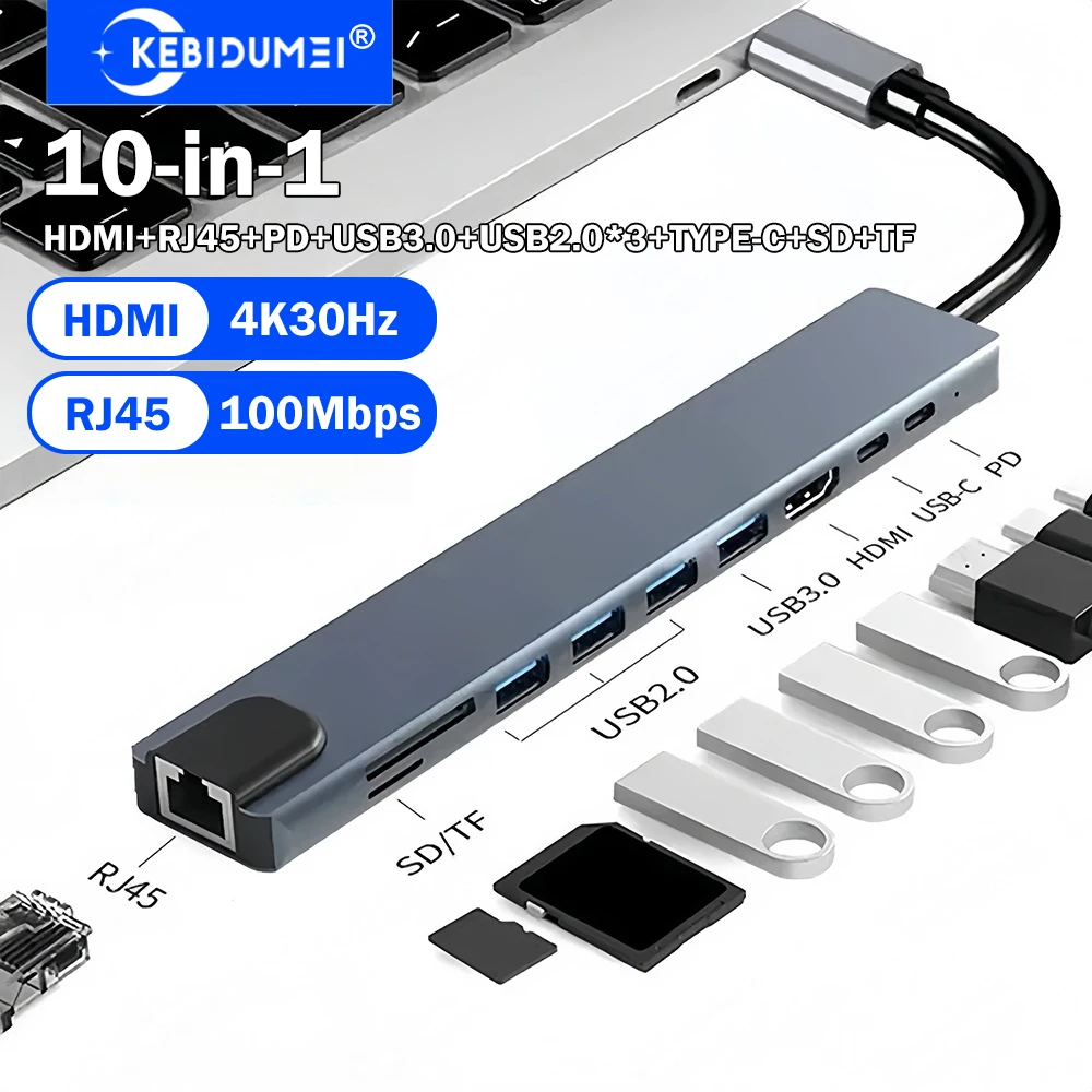 KEBIDUMEI 10-in-1 USB HUB USB C Docking Station USB 3.0 Adapter HUB Type C to HDMI/RJ45/PD/TYPE-C/USB/SD/TF Adapter USB Splitter