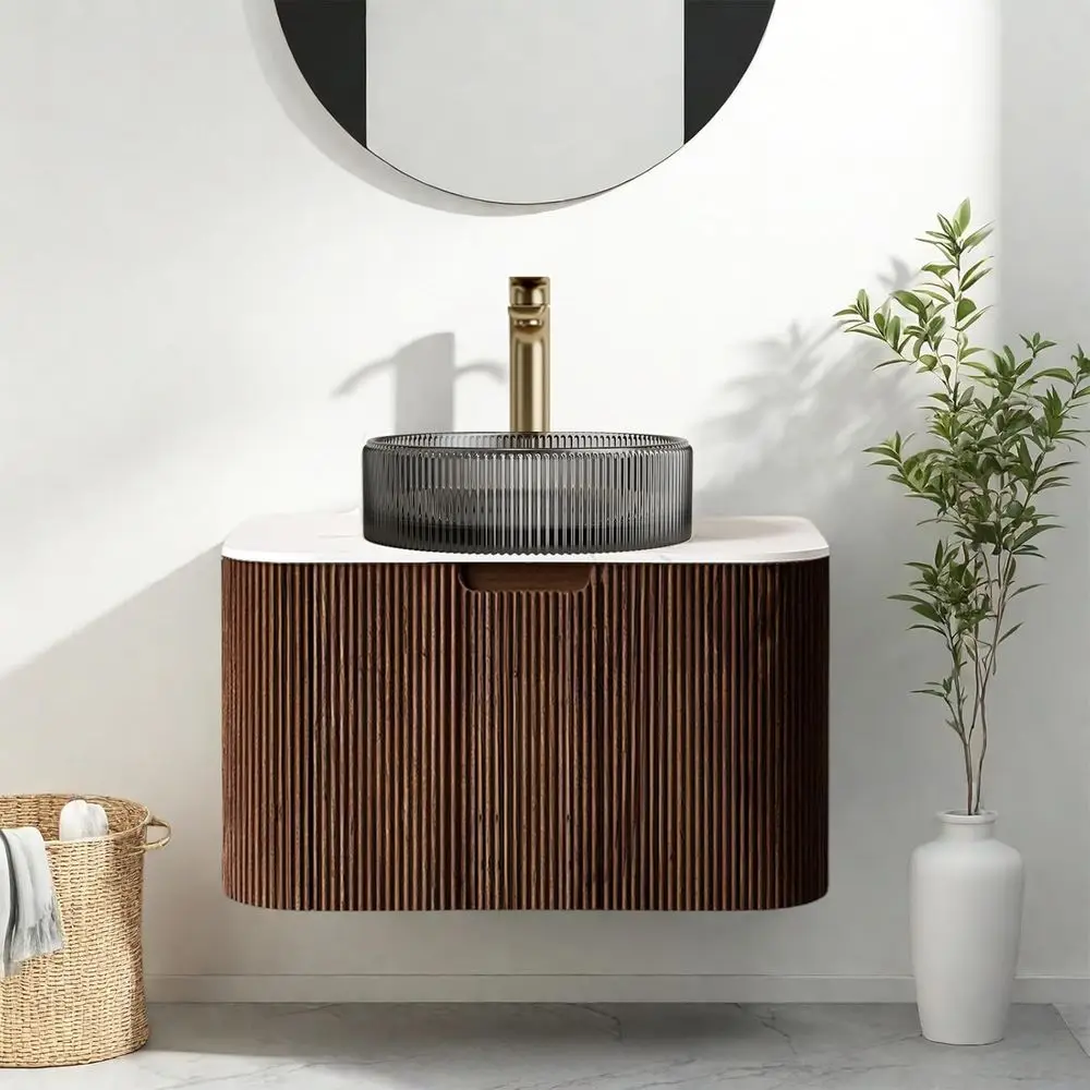 

24 Floating Bathroom Vanity with Marble Top, Wall-Mounted Cabinet, Transparent Black Glass Sink, Large Storage Drawer, Pre-Assem