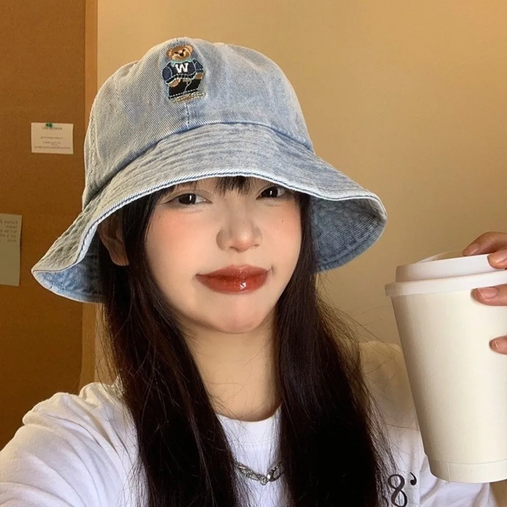 

Vintage Korean Denim Bucket Cap Bear Embroidered Versatile Denim Fishing Cap Sweet Y2k Sun Protection Hat Streetwear