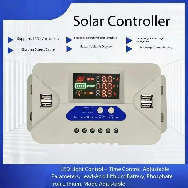 

Адаптивный солнечный контроллер для аккумуляторов 12В/24В с цветным дисплеем для отображения тока зарядки и разрядки.