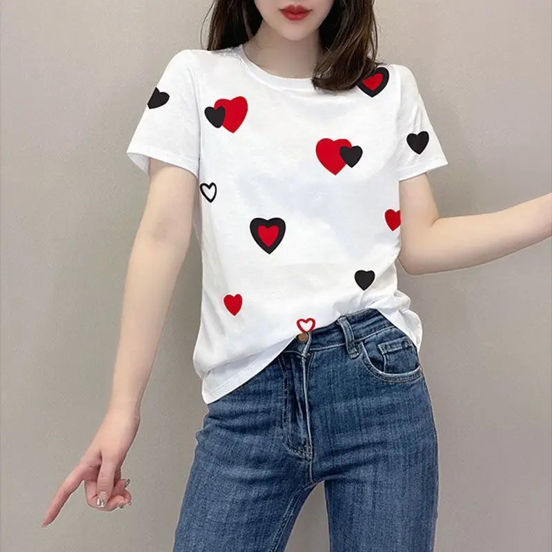 Reine Baumwolle Rundhals Vielseitiges Top für Frauen im Sommer Neues lässiges Print European Station Ins Niche Kurzarm-T-Shirt